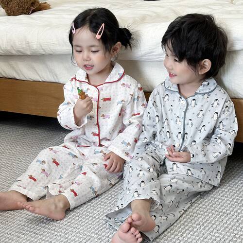 儿童婴纱睡衣春秋季可爱家居服新款男女宝宝长袖纯棉双层纱布套装