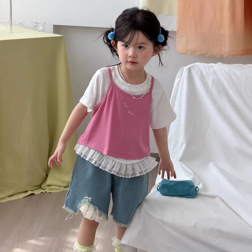 麦田季韩版女童蕾丝花边短袖T恤吊带两件套儿童夏季随心裁上衣