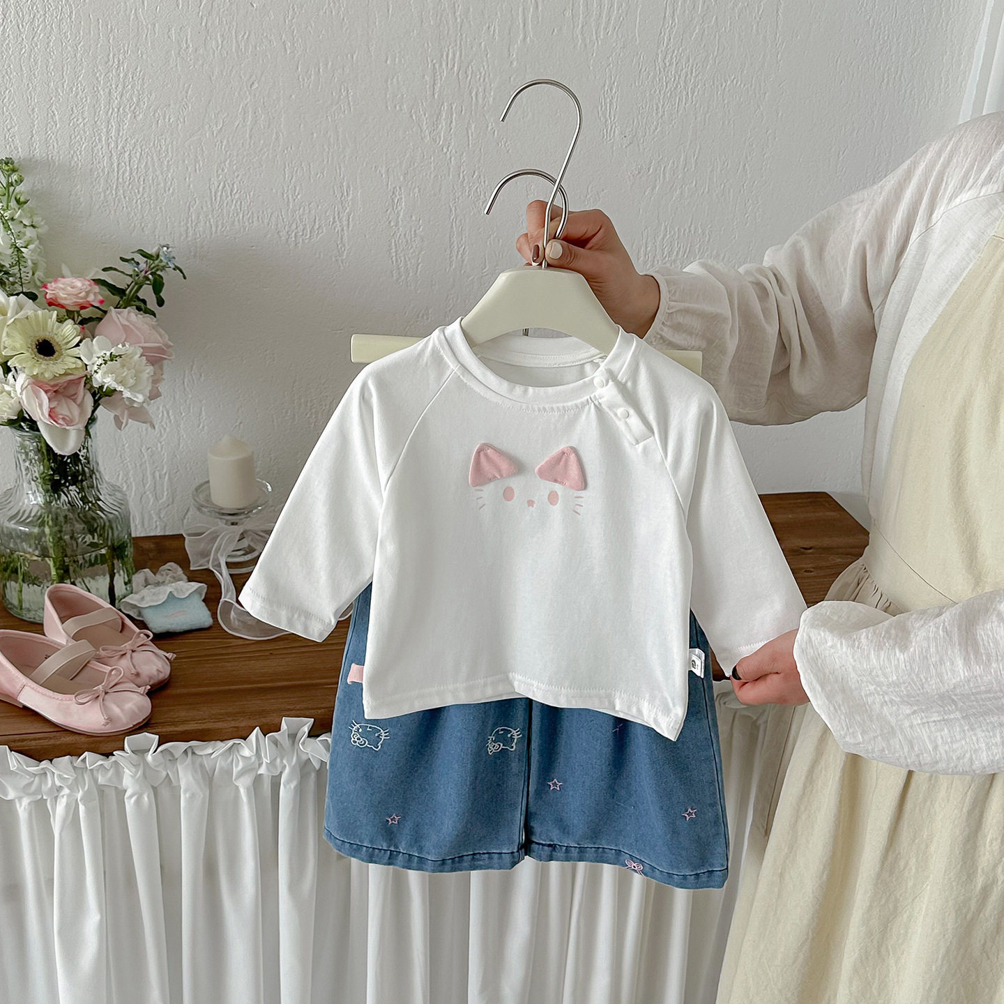 点兮春季新款婴幼儿猫咪上衣卡通牛仔裤两件套女宝宝洋气可爱套装