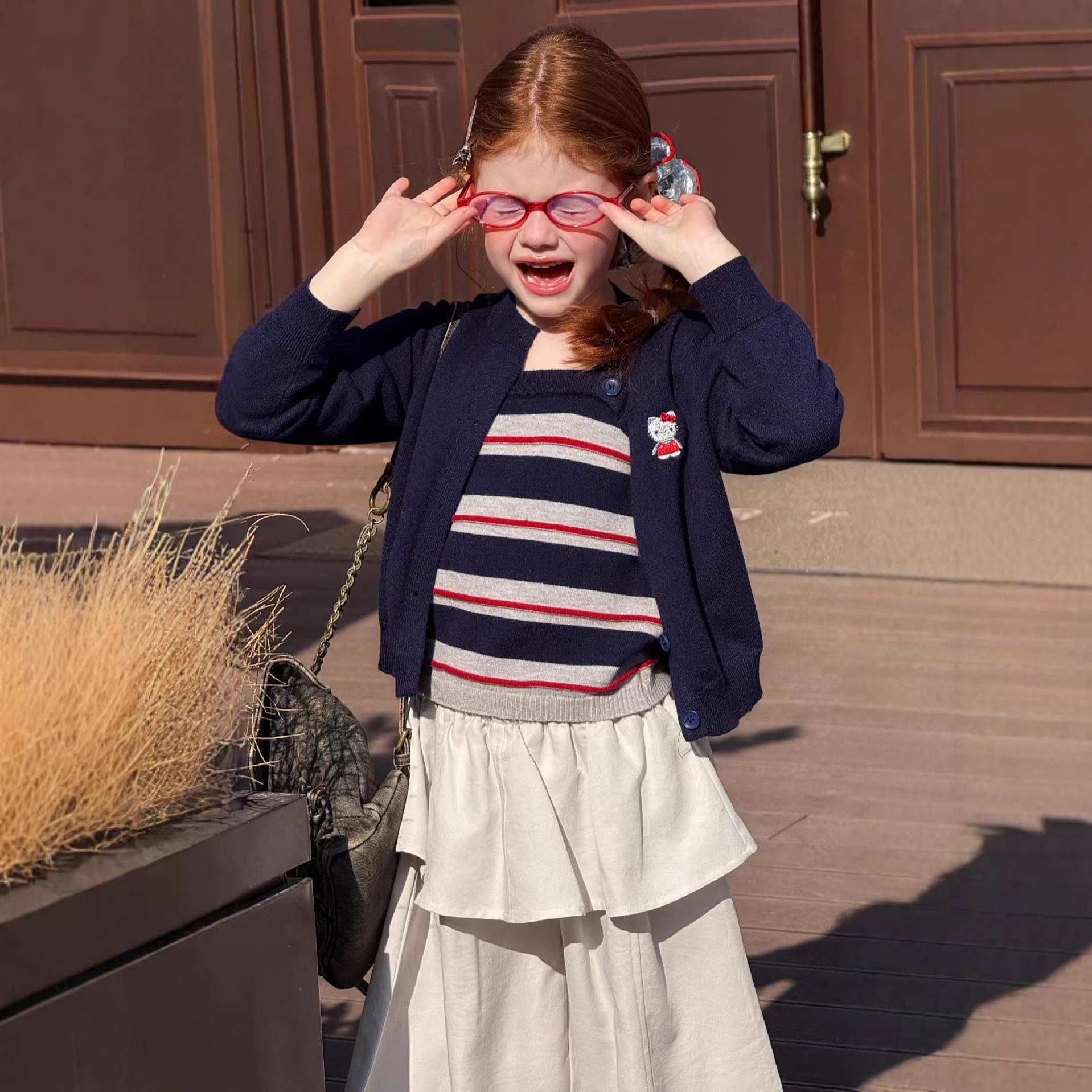 26韩式针织吊带长袖开衫两件套女春季学院风内搭条纹吊带背心套装