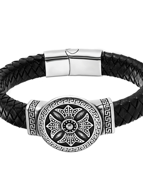 时来运转黑色皮绳手链男款霸气长城纹十字架手牌转运手链本命年