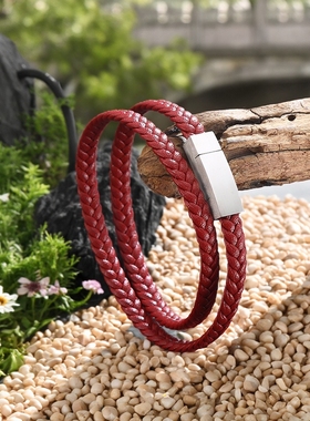 马年红色多层缠绕皮绳手链男本命年转运礼物潮人编织红绳简约潮人