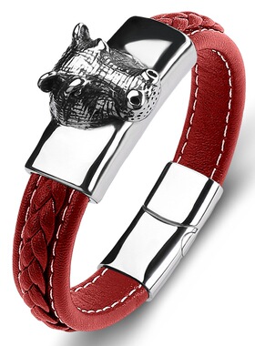 马年中国风十二生肖马头串饰真皮编织手链男士霸气转运红色皮绳潮