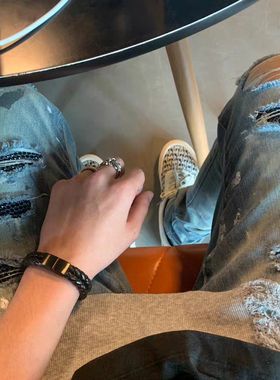 欧美风真皮男士黑色复古编织手环