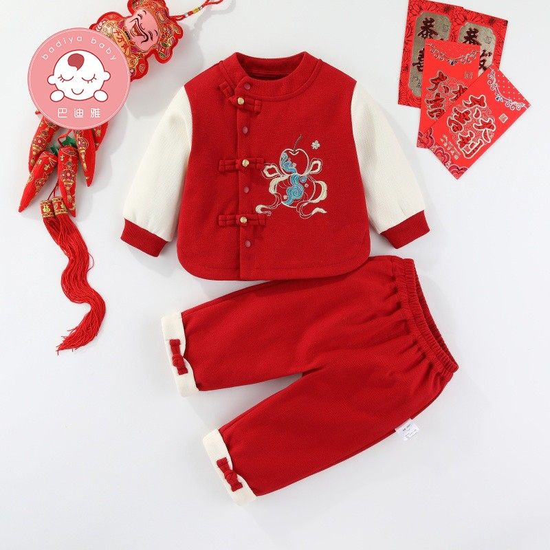 春装男宝宝新年装拜年服套装春秋季女婴儿一周岁礼服百天过年衣服