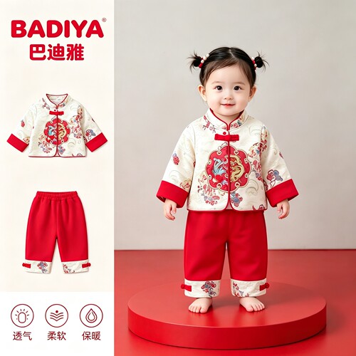 新中式女宝宝新年装汉服套装秋季国风婴儿百天衣服生日抓周岁礼服