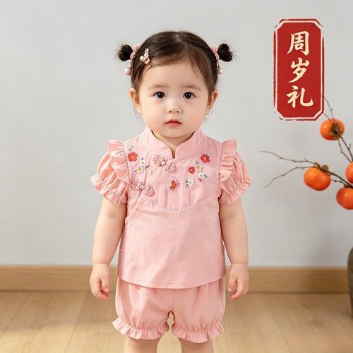 周岁礼服女宝宝夏季套装纯棉唐装