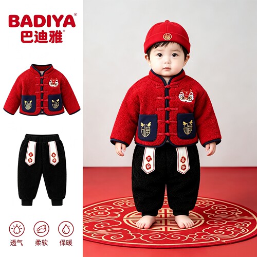 婴儿拜年服冬季男童唐装过年喜庆新年装男宝宝百天抓周岁礼服套装