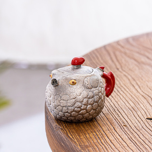 蜂鸟工坊 红漆把漆钮河豚小壶 银壶泡茶壶纯银