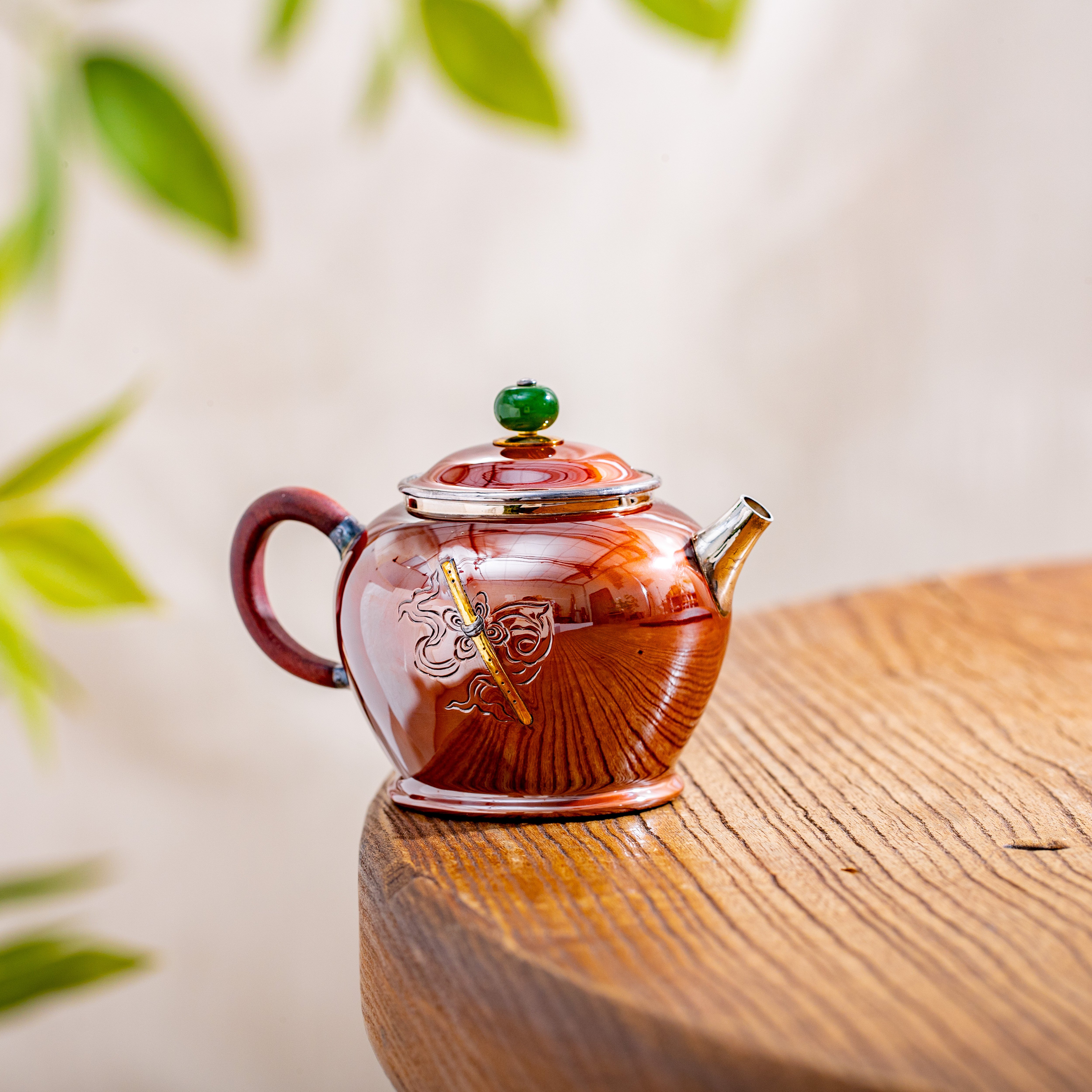 蜂鸟工坊 铜包银壶鼓形錾刻如意棒茶壶纯银999复古手工家用泡茶壶