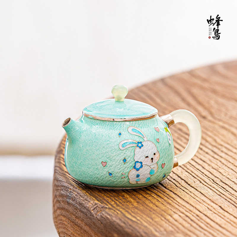 蜂鸟工坊 爱心兔玉钮银壶泡茶壶纯银999七宝烧珐琅银壶家用银茶具