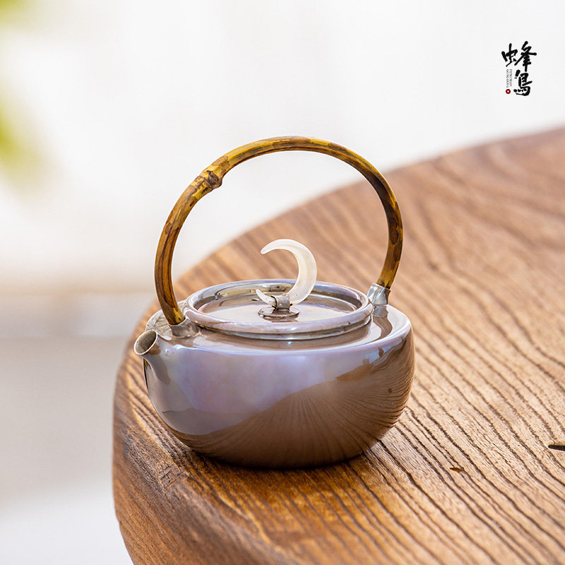 蜂鸟工坊 银壶泡茶壶纯银竹把月亮岫玉钮紫皮提梁小壶