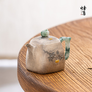 银壶泡茶壶纯银999翡翠把翡翠钮雕刻南瓜四方小壶 蜂鸟工坊