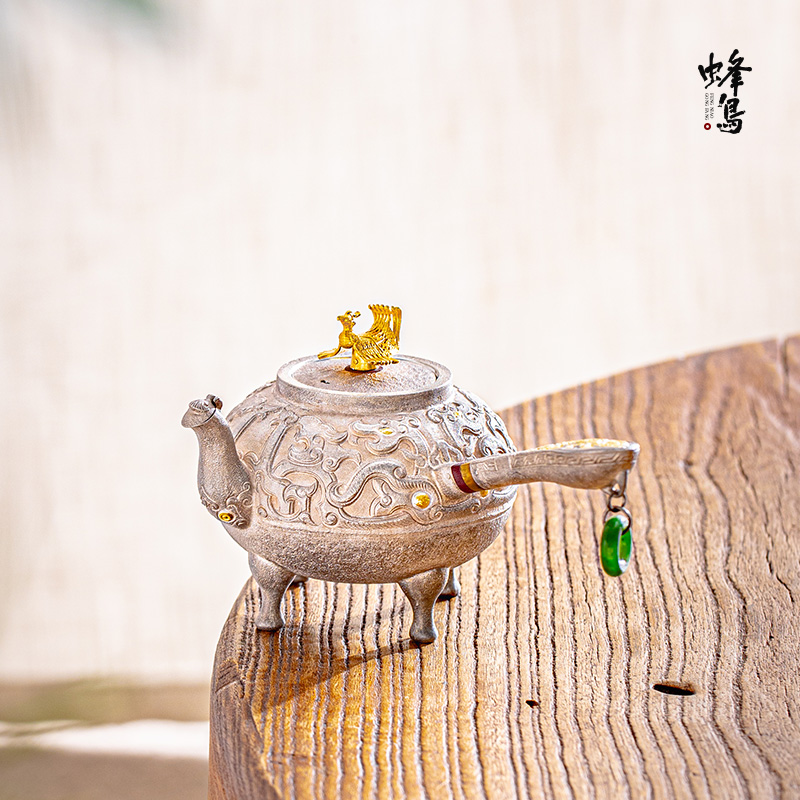 蜂鸟工坊 银壶泡茶壶碧玉单环坠鎏金凤凰钮三星堆四足侧把壶