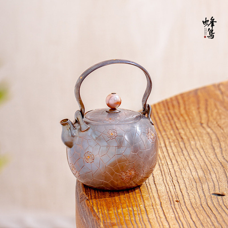 蜂鸟工坊 紫皮银壶纯银999珍珠钮茶壶冰梅冰裂纹提梁泡茶壶家用