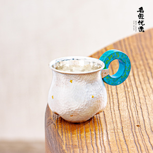 銀杯茶杯小水杯主人杯藍色大漆環把灑金三足小銀杯 蜂鳥工坊