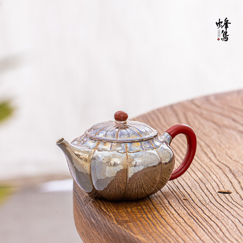 蜂鸟工坊 银壶999纯银泡茶壶瓜瓣紫皮银壶茶壶纯手工家用银茶具