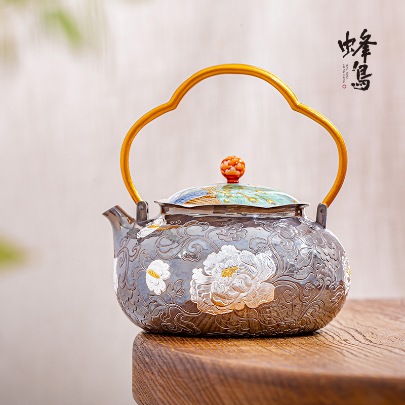 新品茶家紫皮银壶纯银纯手工彩绘孔雀瓷盖铜提梁錾刻富贵牡丹壶