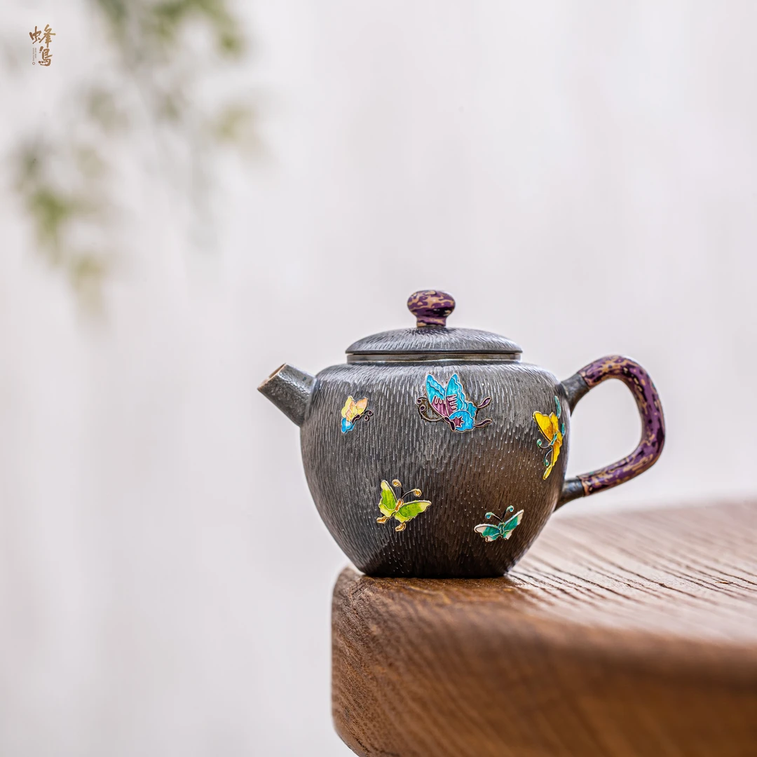 蜂鸟工坊 熏银掐彩蝶银壶999纯银泡茶壶纯手工竖拉丝银壶茶壶家用