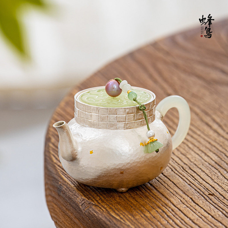 蜂鸟工坊 银壶泡茶壶纯银玉把珍珠钮玉盖洒金弯嘴小壶