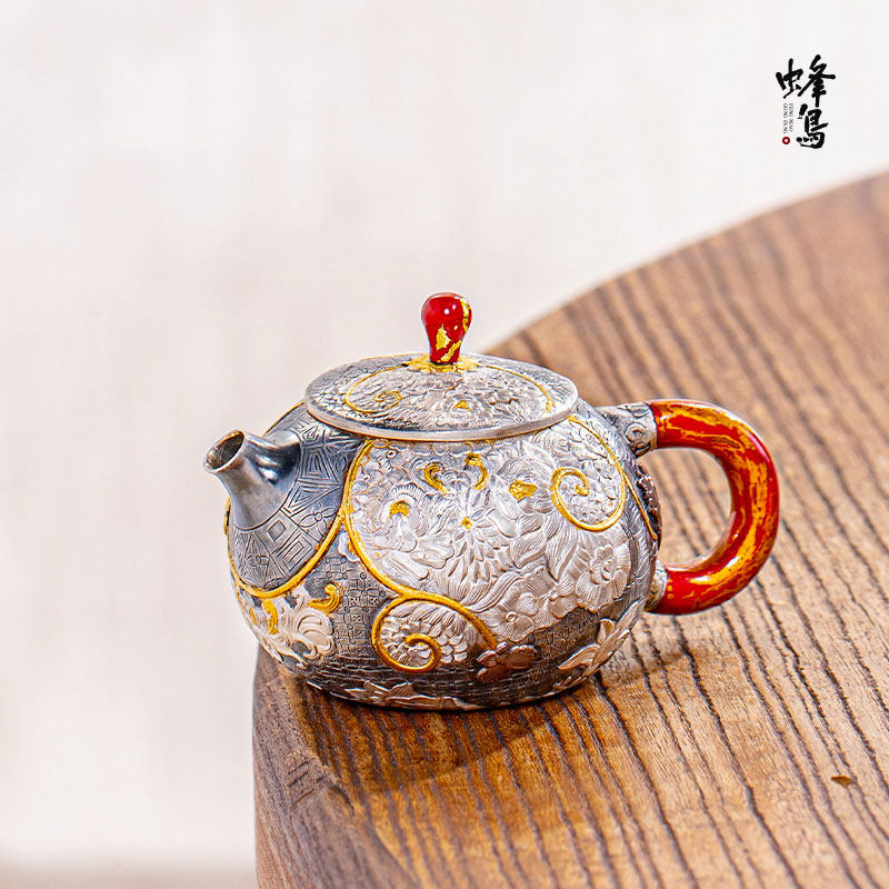 蜂鸟工坊 银壶泡茶壶漆把漆钮錾刻花朵嵌金做旧小壶