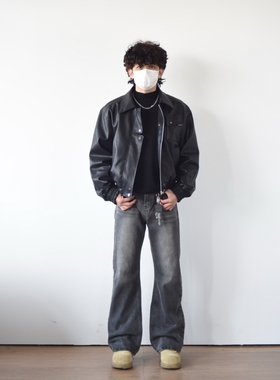 X1617 春秋美式cleanfit复古短款基础纯色机车皮衣外套夹克男2310