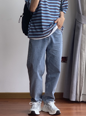 X1617直筒宽松长裤蓝色基础牛仔裤纯色休闲裤男女款宽松百搭男女