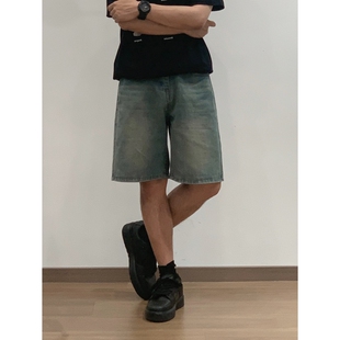 X1617 夏季新款日系直筒宽松做旧牛仔短裤基础五分复古牛仔裤男