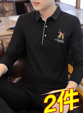 男士有领子t恤韩版潮流长袖保罗POLO衫男装带领上衣休闲翻领体恤