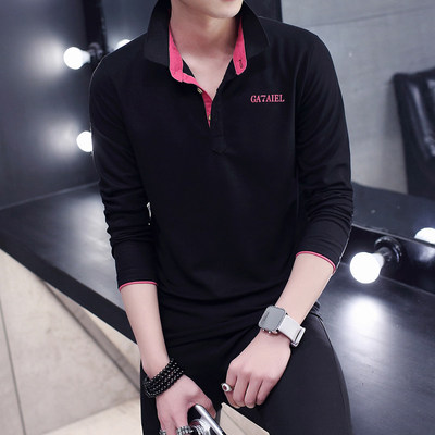 纯色T恤男长袖薄款春装休闲polo衫翻领体恤男士纯棉长T恤有带领子