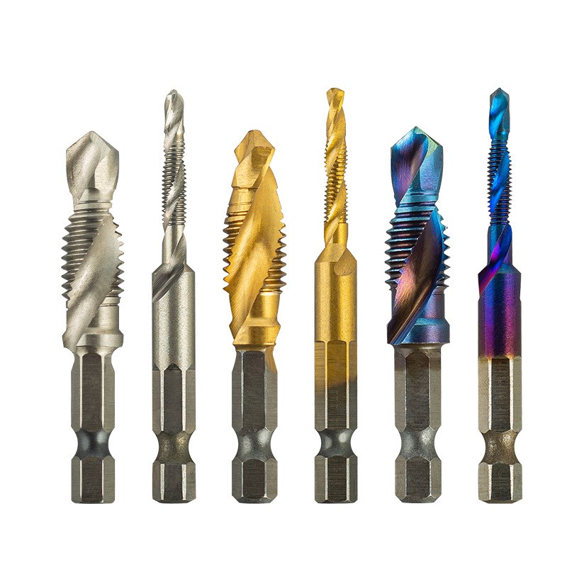 高速钢复合丝锥六角柄机用螺旋丝锥镀L钛钻头三合一钻眼攻丝