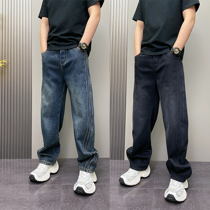 重工加绒水洗牛仔裤男士秋冬宽松直筒阔腿拖地裤拼接条纹休闲长裤