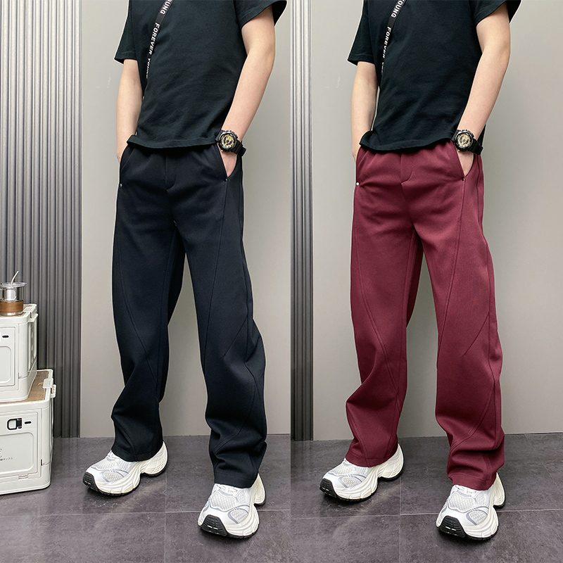 春秋潮款简约纯色拼接款直筒裤