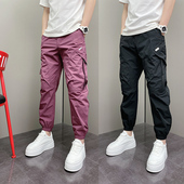 潮牌男士 裤 薄款 夏季 修身 束脚工装 痞帅高级运动青年大口袋休闲裤 子