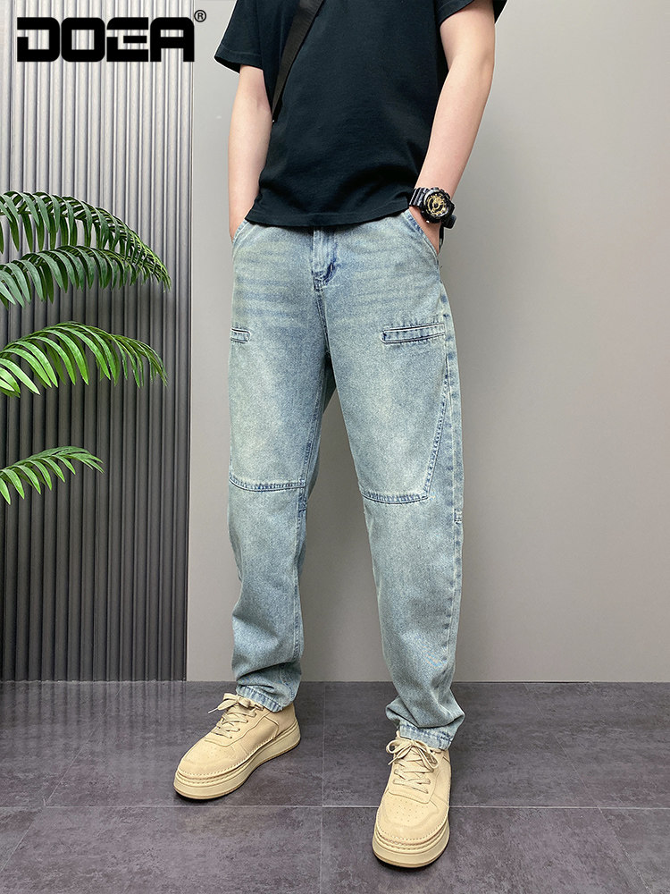 夏季薄时尚韩式帅气蓝色水洗宽松裤年轻男子休闲牛仔裤