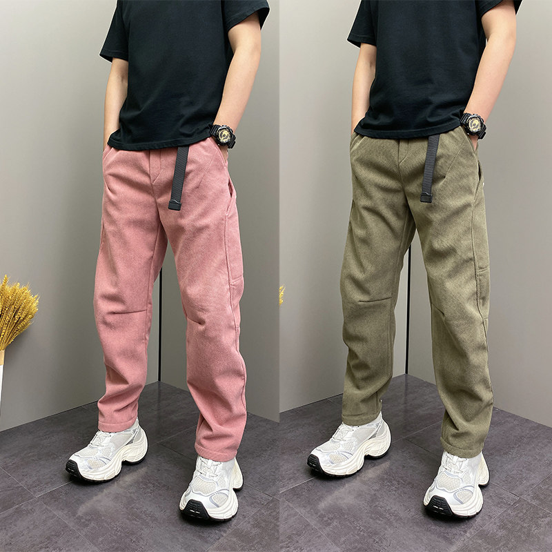 25冬季加绒粉色休闲裤宽松直筒腰带设计潮牌长裤子男女同款哈伦裤,男装,休闲裤,淘宝优惠券,粉丝福利购,淘宝优惠卷