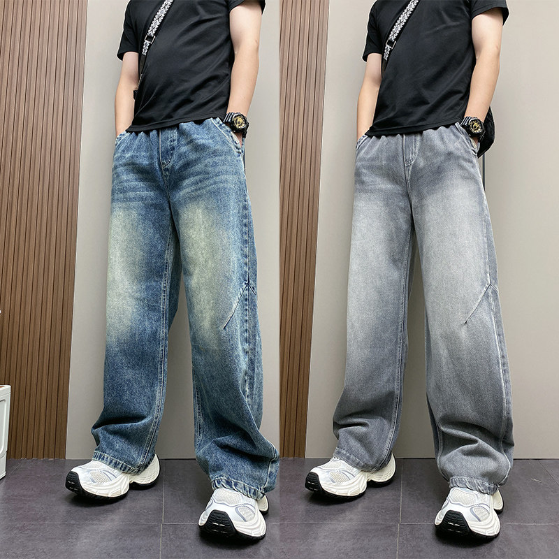 2025秋季美式休闲痞帅重磅复古做旧牛仔裤男宽松直筒阔腿弯刀裤,男装,休闲裤,淘宝优惠券,粉丝福利购,淘宝优惠卷