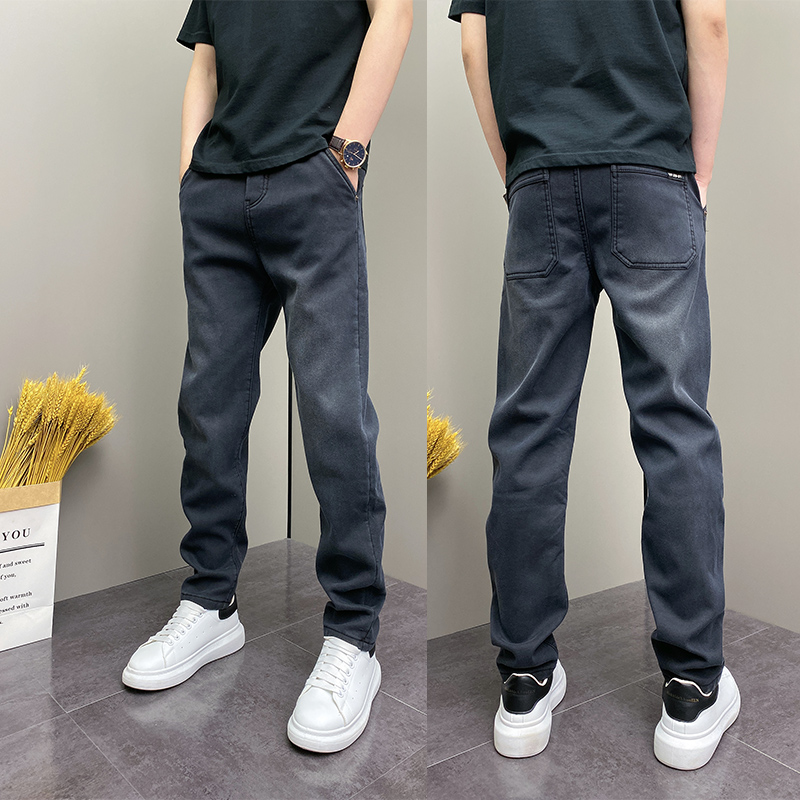 2024冬季加绒加厚潮牌韩版ins水洗磨白高街青年男修身休闲牛仔裤