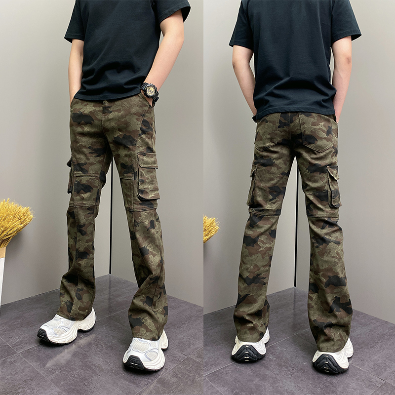 秋季美式高街多口袋微喇叭迷彩工装裤男式潮牌新款修身直筒休闲裤