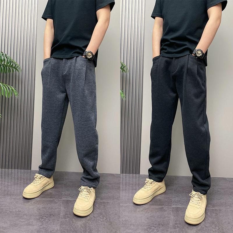 2025秋冬厚款毛呢小脚休闲裤男韩版百搭褶皱长裤子痞帅运动长裤子