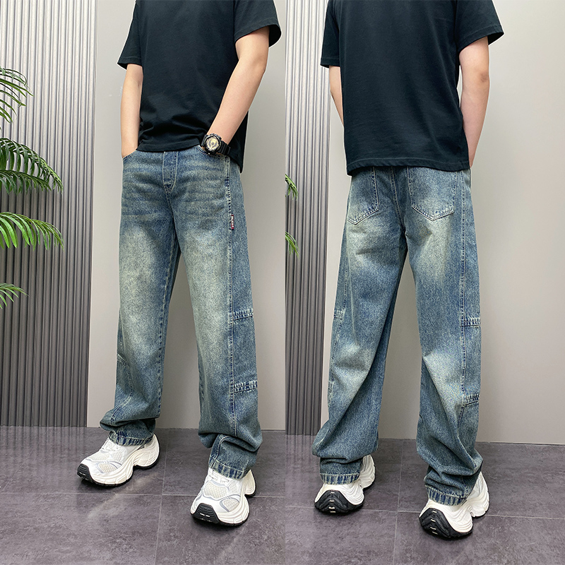 秋季美式痞帅水洗蓝色做旧牛仔裤