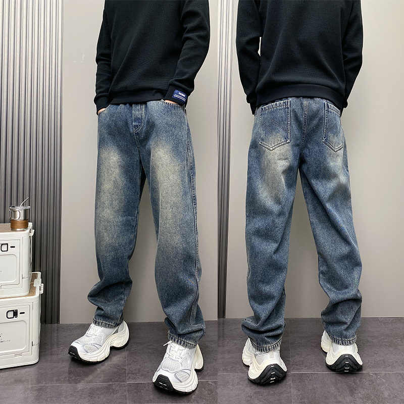 2024年冬季加绒加厚潮牌韩版磨白水洗蓝色男士青年休闲爆款牛仔裤