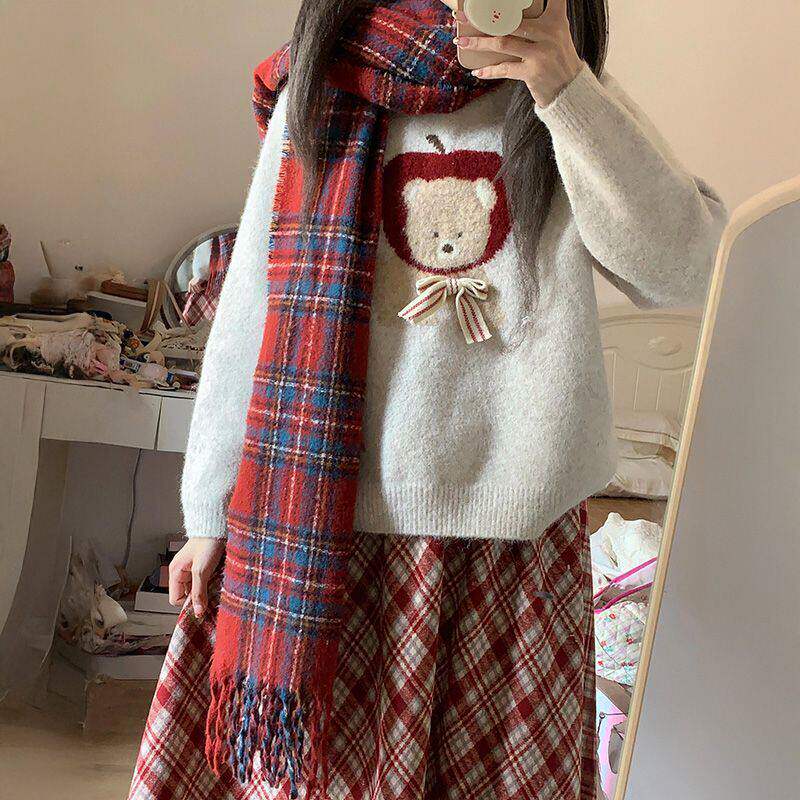 日系甜美可爱软糯提花针织毛衣女秋冬叠穿高腰格纹半身裙两件套装