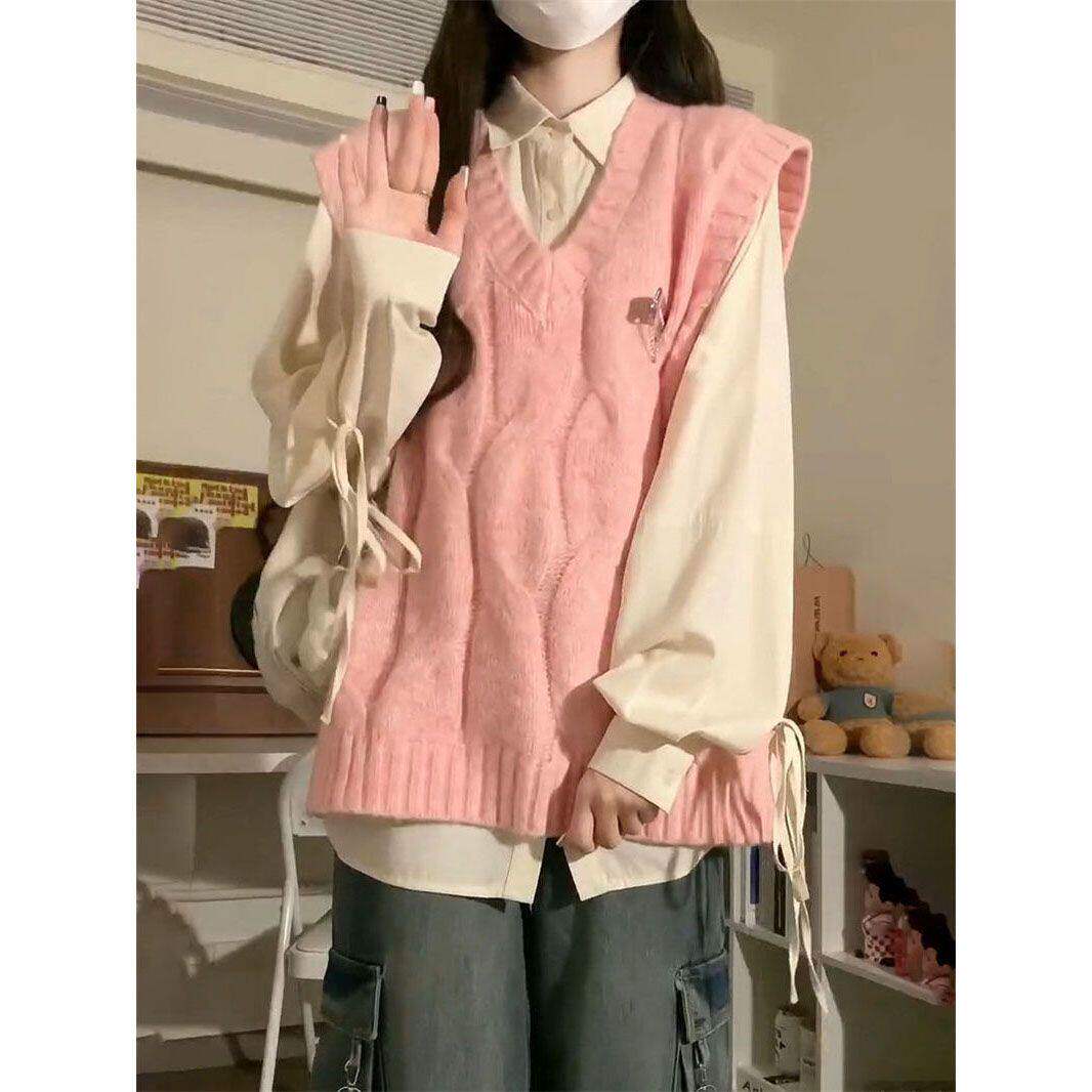 甜美学院风麻花v领针织背心马甲毛衣女学生绑带衬衫早秋时尚套装