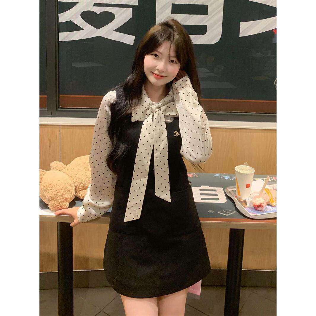 日系甜美小个子收腰显瘦背带连衣裙女学生蝴蝶结波点衬衫两件套