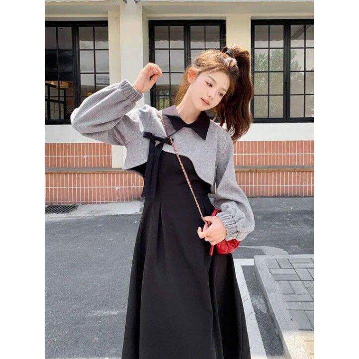 韩版学院风气质收腰翻领背心连衣裙女学生秋冬灰色针织衫两件套