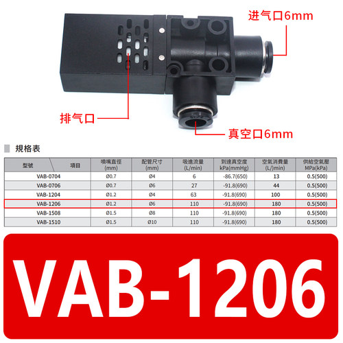 VAB1206简易真空发生器VAB0706/VAB0704/VAB1204/VAB1508/VAB1510