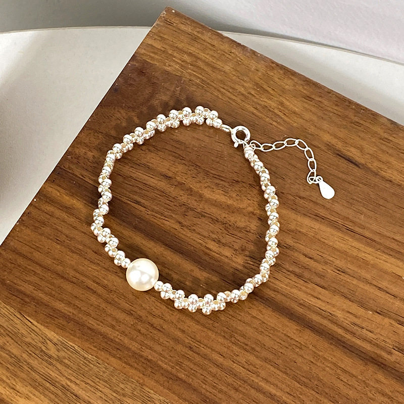 丽沁s925编织珠珠手链女冷淡风法式复古小众设计时尚百搭手饰