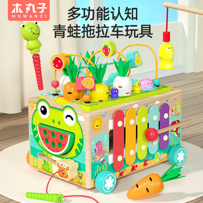 跨境儿童木质玩具打地鼠敲琴绕珠多功能合一青蛙拖拉益智车趣味