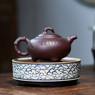 名家手绘刻绘茶壶原矿老紫泥竹丁壶茶具 宜兴紫砂壶